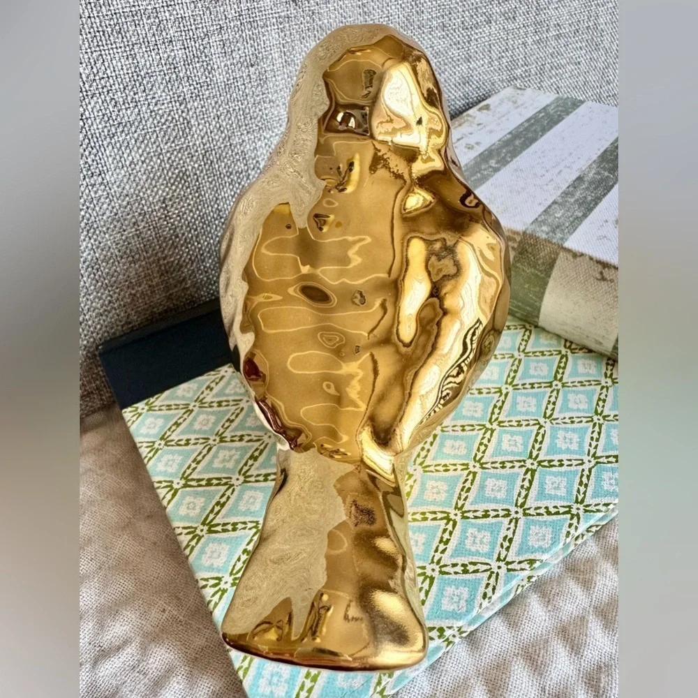 New Large Hammered Texture Shiny Gold Tone Ceramic Bird Decor Figurine - 5.5”